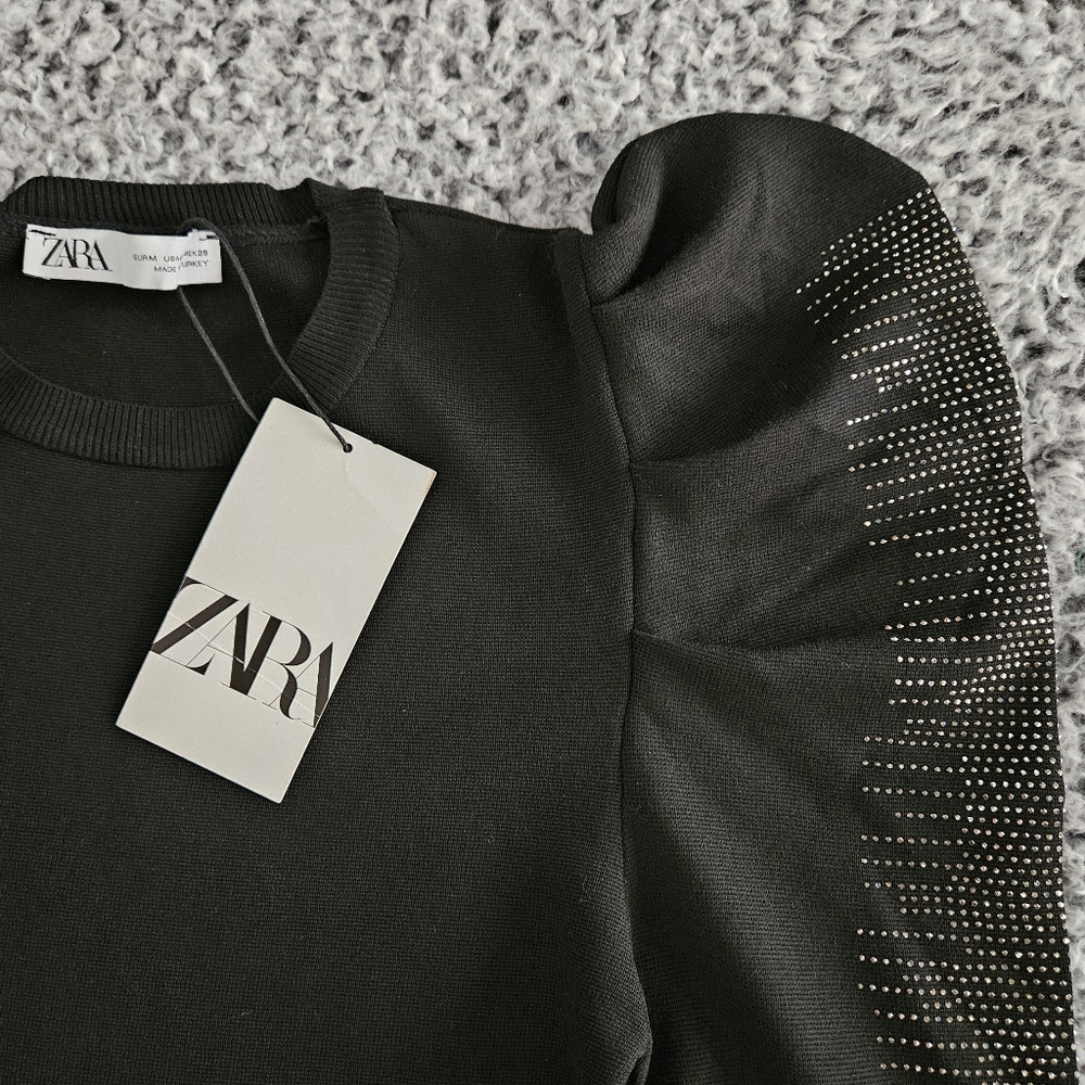 Zara Women's Black Sweater Medium Long Puff Sleeve Embellished Sparkly Knit Top - Picture 9 of 14